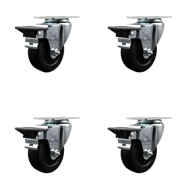 Service Caster 3.5'' Soft Rubber Wheel Swivel Top Plate Caster Set Posi Brake, 4PK SCC-20S3514-SRS-PLB-4 - main
